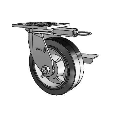 Roulette pivotante de la série 4 avec plaque supérieure de 2 pouces de large, équipée d'une roue en caoutchouc Performa 6 x 2 (plate/noire) et d'un frein à blocage latéral
