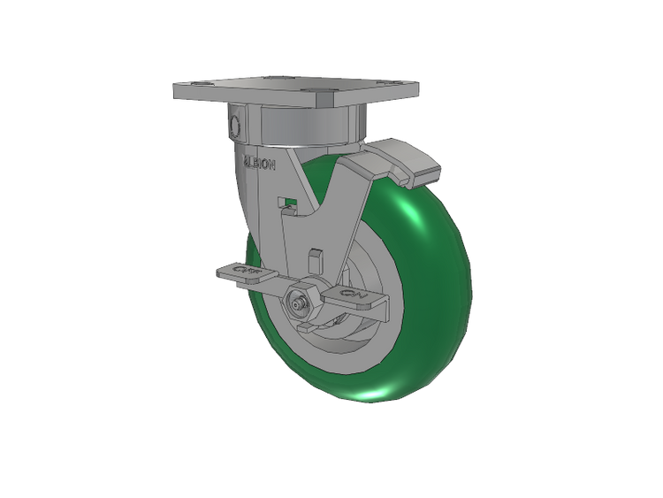 120 Series Top Plate Swivel Caster with 6 x 2 Green Tread on Aluminum Core PM - Round Polyurethane 95A (Aluminum Core) Wheel and Stainless Steel Face Brake