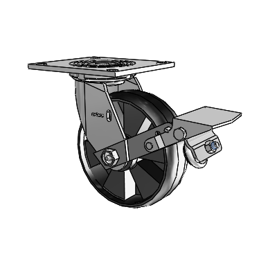 4-serie zwenkwiel met een bovenplaat van 2 inch breed, voorzien van een 6 x 2 Maxim-wiel en een rem met loopvlakvergrendeling