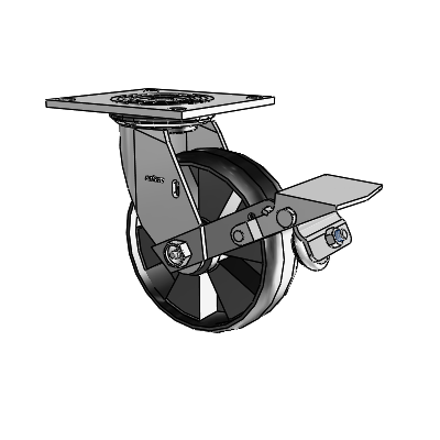 4-serie zwenkwiel met een bovenplaat van 2 inch breed, voorzien van een 6 x 2 Maxim-wiel en een rem met loopvlakvergrendeling