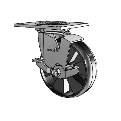 4-serie zwenkwiel met een bovenplaat van 2 inch breed, voorzien van een 6 x 2 Maxim-wiel en een rem met vergrendeling aan de bovenkant
