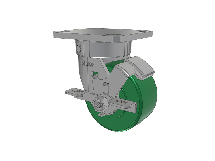 120 Series Top Plate Swivel Caster with 4 x 2 Green Polyurethane XI - X-treme Solid Polyurethane Wheel and Stainless Steel Face Brake