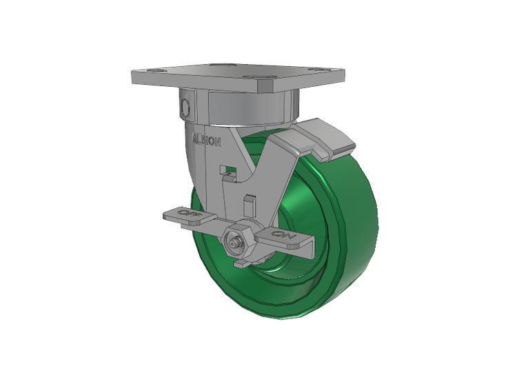 120 Series Top Plate Swivel Caster with 5 x 2 Green Polyurethane XI - X-treme Solid Polyurethane Wheel and Stainless Steel Face Brake