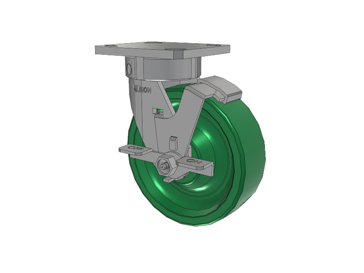 120 Series Top Plate Swivel Caster with 6 x 2 Green Polyurethane XI - X-treme Solid Polyurethane Wheel and Stainless Steel Face Brake