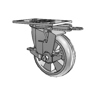 Roulette pivotante de la série 4, à plaque supérieure de 2 pouces de large, équipée d'une roue Trans-forma (ronde) de 6 x 2 et d'un frein de blocage supérieur