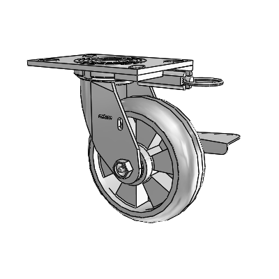 Roulette pivotante de la série 4, à plaque supérieure de 2 pouces de large, équipée d'une roue Trans-forma (ronde) de 6 x 2 et d'un frein à blocage latéral