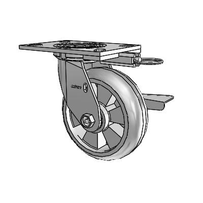 Roulette pivotante de la série 4, à plaque supérieure de 2 pouces de large, équipée d'une roue Trans-forma (ronde) de 6 x 2 et d'un frein à blocage latéral