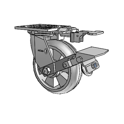 Roulette pivotante de la série 4, à plaque supérieure de 2 pouces de large, équipée d'une roue Trans-forma (ronde) de 6 x 2 et d'un frein à blocage de la bande de roulement