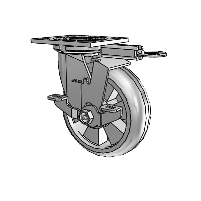 Roulette pivotante de la série 4, à plaque supérieure de 2 pouces de large, équipée d'une roue Trans-forma HD (ronde) de 6 x 2 et d'un frein de blocage supérieur