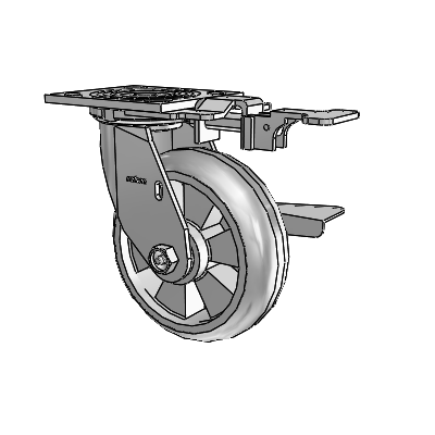 Roulette pivotante de la série 4 avec plaque supérieure de 2 pouces de large, équipée d'une roue Trans-forma HD (ronde) de 6 x 2 et d'un frein à blocage latéral