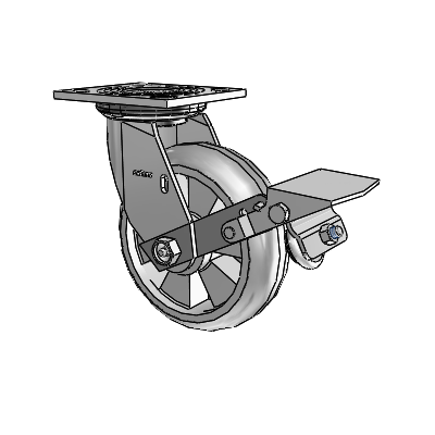 Roulette pivotante de la série 4 avec plaque supérieure de 2 pouces de large, équipée d'une roue Trans-forma HD (ronde) de 6 x 2 et d'un frein à blocage de la bande de roulement