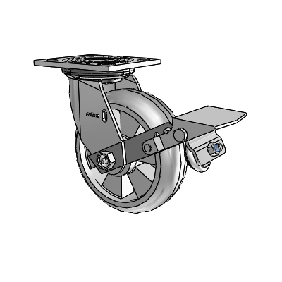 Roulette pivotante de la série 4 avec plaque supérieure de 2 pouces de large, équipée d'une roue Trans-forma HD (ronde) de 6 x 2 et d'un frein à blocage de la bande de roulement