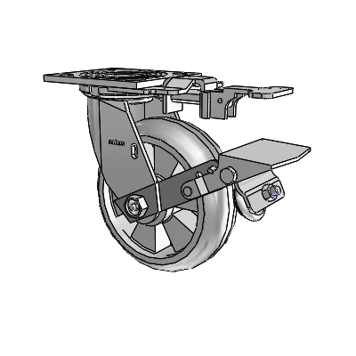 Roulette pivotante de la série 4 avec plaque supérieure de 2 pouces de large, équipée d'une roue Trans-forma HD (ronde) de 6 x 2 et d'un frein à blocage de la bande de roulement
