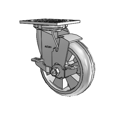 Roulette pivotante de la série 4, à plaque supérieure de 2 pouces de large, équipée d'une roue Trans-forma HD (ronde) de 6 x 2 et d'un frein de blocage supérieur