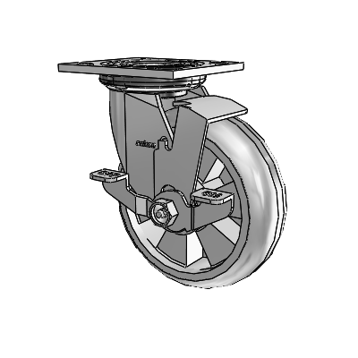 Roulette pivotante de la série 4, à plaque supérieure de 2 pouces de large, équipée d'une roue Trans-forma HD (ronde) de 6 x 2 et d'un frein de blocage supérieur