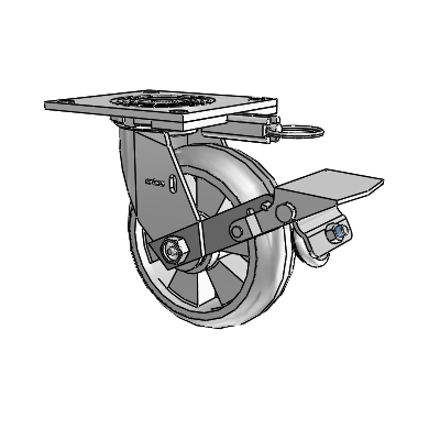 Roulette pivotante de la série 4 avec plaque supérieure de 2 pouces de large, équipée d'une roue Trans-forma HD (ronde) de 6 x 2 et d'un frein à blocage de la bande de roulement