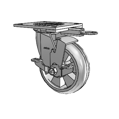 Roulette pivotante de la série 4, à plaque supérieure de 2 pouces de large, équipée d'une roue Trans-forma HD (ronde) de 6 x 2 et d'un frein de blocage supérieur