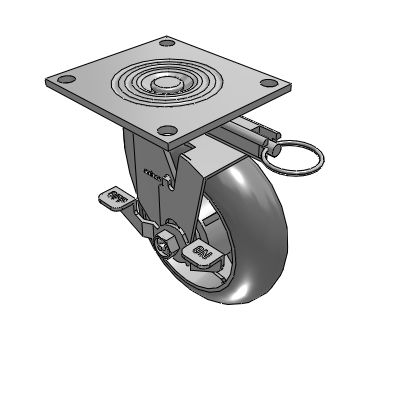 Roulette pivotante de la série 4, avec plaque supérieure de 2 pouces de large, équipée d'une roue en caoutchouc Performa (ronde) de 6 x 2 et d'un frein de blocage supérieur