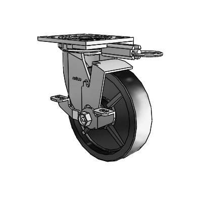 4 roulettes de la série 1 de 1 1/2", à plaque supérieure pivotante en zinc, avec roue en polyoléfine de 6 x 1,5 et frein de blocage supérieur