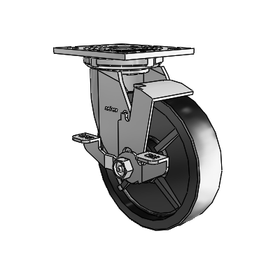 4 roulettes de la série 1 de 1 1/2", à plaque supérieure pivotante en zinc, avec roue en polyoléfine de 6 x 1,5 et frein de blocage supérieur