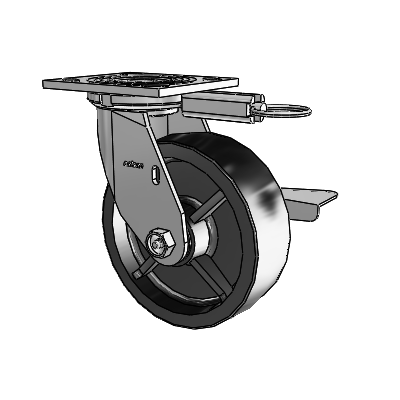 Roulette pivotante de la série 4, avec plaque supérieure de 2 pouces de large, roue en polyoléfine de 6 x 2 et frein à blocage latéral
