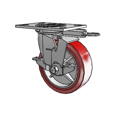 Roulette pivotante de la série 4, avec plaque supérieure de 2 pouces de large, équipée d'une roue HI-TECH en polyuréthane de 6 x 2 et d'un frein de blocage supérieur