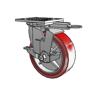 Roulette pivotante de la série 4, avec plaque supérieure de 2 pouces de large, équipée d'une roue HI-TECH en polyuréthane de 6 x 2 et d'un frein de blocage supérieur