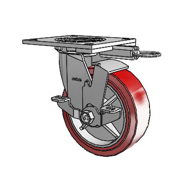 Roulette pivotante de la série 4, avec plaque supérieure de 2 pouces de large, équipée d'une roue HI-TECH en polyuréthane de 6 x 2 et d'un frein de blocage supérieur