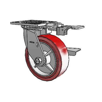 Roulette pivotante de la série 4 avec plaque supérieure de 2 pouces de large, équipée d'une roue HI-TECH en polyuréthane de 6 x 2 et d'un frein à blocage latéral