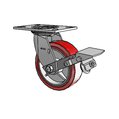 Roulette pivotante de la série 4 avec plaque supérieure de 2 pouces de large, équipée d'une roue en polyuréthane HI-TECH de 6 x 2 et d'un frein à blocage de la bande de roulement