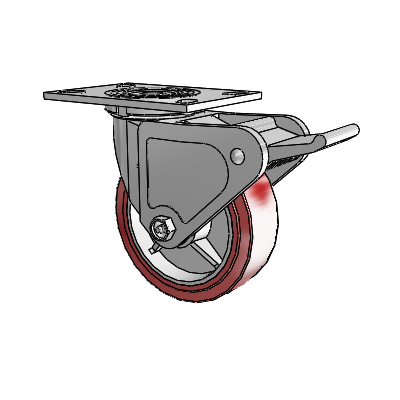 Roulette pivotante de la série 4 avec plaque supérieure de 2 pouces de large, équipée d'une roue HI-TECH en polyuréthane de 6 x 2 et d'un frein Tech Lock