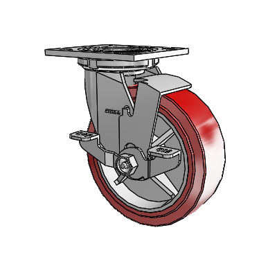 Roulette pivotante de la série 4, avec plaque supérieure de 2 pouces de large, équipée d'une roue HI-TECH en polyuréthane de 6 x 2 et d'un frein de blocage supérieur