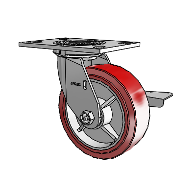 Roulette pivotante de la série 4 avec plaque supérieure de 2 pouces de large, équipée d'une roue HI-TECH en polyuréthane de 6 x 2 et d'un frein à blocage latéral