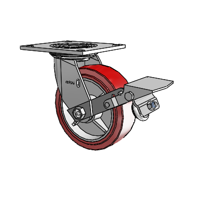 Roulette pivotante de la série 4 avec plaque supérieure de 2 pouces de large, équipée d'une roue en polyuréthane HI-TECH de 6 x 2 et d'un frein à blocage de la bande de roulement