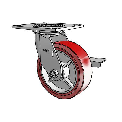 Roulette pivotante de la série 4 avec plaque supérieure de 2 pouces de large, équipée d'une roue HI-TECH en polyuréthane de 6 x 2 et d'un frein à blocage latéral