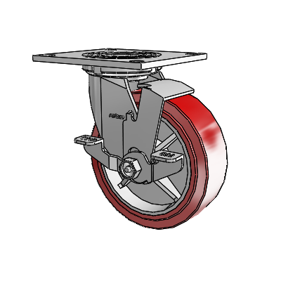 Roulette pivotante de la série 4, avec plaque supérieure de 2 pouces de large, équipée d'une roue HI-TECH en polyuréthane de 6 x 2 et d'un frein de blocage supérieur