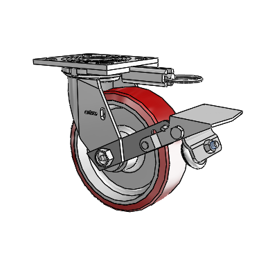 Roulette pivotante de la série 4 avec plaque supérieure de 2 pouces de large, équipée d'une roue Moldon en polyuréthane (noyau en aluminium) de 6 x 2 et d'un frein à blocage de la bande de roulement