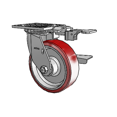 Roulette pivotante de la série 4 avec plaque supérieure de 2 pouces de large, équipée d'une roue Moldon en polyuréthane (noyau en aluminium) de 6 x 2 et d'un frein à blocage latéral