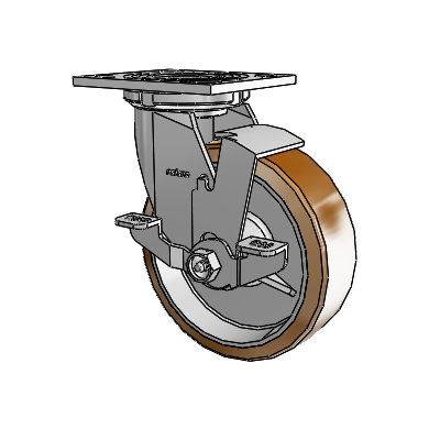 Roulette pivotante de la série 4 avec plaque supérieure de 2 pouces de large, équipée d'une roue Moldon en nylon (noyau en aluminium) de 6 x 2 et d'un frein de blocage supérieur