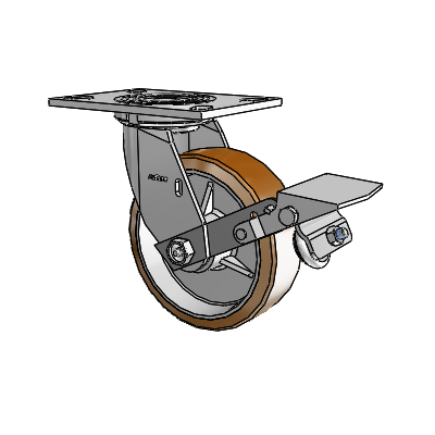 Roulette pivotante de la série 4 avec plaque supérieure de 2 pouces de large, équipée d'une roue Moldon en nylon (noyau en aluminium) de 6 x 2 et d'un frein à blocage de la bande de roulement