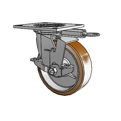 Roulette pivotante de la série 4 avec plaque supérieure de 2 pouces de large, équipée d'une roue Moldon en nylon (noyau en aluminium) de 6 x 2 et d'un frein de blocage supérieur