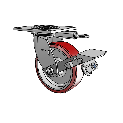 Roulette pivotante de la série 4 avec plaque supérieure de 2 pouces de large, équipée d'une roue Moldon en polyuréthane (noyau en aluminium) de 6 x 2 et d'un frein à blocage de la bande de roulement