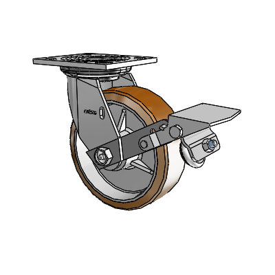 Roulette pivotante de la série 4 avec plaque supérieure de 2 pouces de large, équipée d'une roue Moldon en nylon (noyau en aluminium) de 6 x 2 et d'un frein à blocage de la bande de roulement