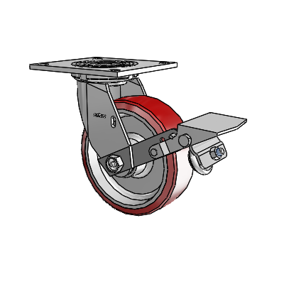 Roulette pivotante de la série 4 avec plaque supérieure de 2 pouces de large, équipée d'une roue Moldon en polyuréthane (noyau en aluminium) de 6 x 2 et d'un frein à blocage de la bande de roulement