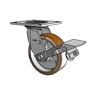 Roulette pivotante de la série 4 avec plaque supérieure de 2 pouces de large, équipée d'une roue Moldon en nylon (noyau en aluminium) de 6 x 2 et d'un frein à blocage de la bande de roulement