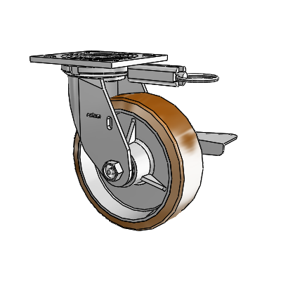 Roulette pivotante de la série 4 avec plaque supérieure de 2 pouces de large, équipée d'une roue Moldon en nylon (noyau en aluminium) de 6 x 2 et d'un frein à blocage latéral