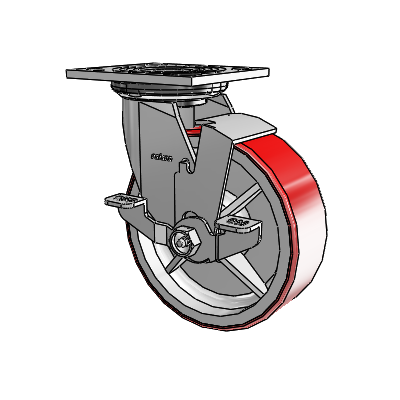 Roulette pivotante de la série 4 avec plaque supérieure de 2 pouces de large, équipée d'une roue Moldon en polyuréthane (noyau en fonte) de 6 x 2 et d'un frein de blocage supérieur