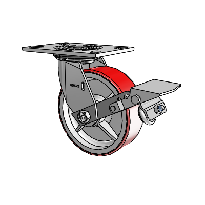 4 Series 2 Inch Wide Top Plate Swivel Caster with 6 x 2 Moldon Polyurethane (Cast Iron Core) Wheel and Tread Lock Brake