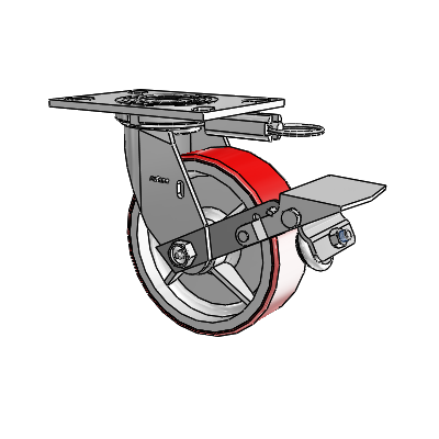 Roulette pivotante de la série 4 avec plaque supérieure de 2 pouces de large, équipée d'une roue Moldon en polyuréthane (noyau en fonte) de 6 x 2 et d'un frein à blocage de la bande de roulement