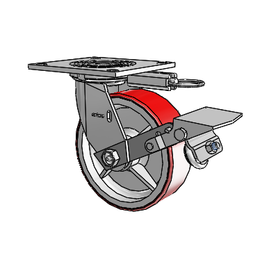 4 Series 2 Inch Wide Top Plate Swivel Caster with 6 x 2 Moldon Polyurethane (Cast Iron Core) Wheel and Tread Lock Brake